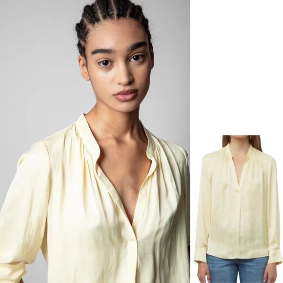 Zadig & Voltaire Tink Satin Blouse In Butter Yellow Sz Md V-Neck ASO Ted Lasso - Picture 2 of 7